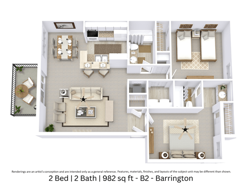 B2 - Barrington This is a 3D-floor plan providing a detailed, angled view of the space with room layouts, furniture placement, and spatial flow. Features 2 bedrooms, 1.5 bathrooms, and approximately 982 Sq. Ft.